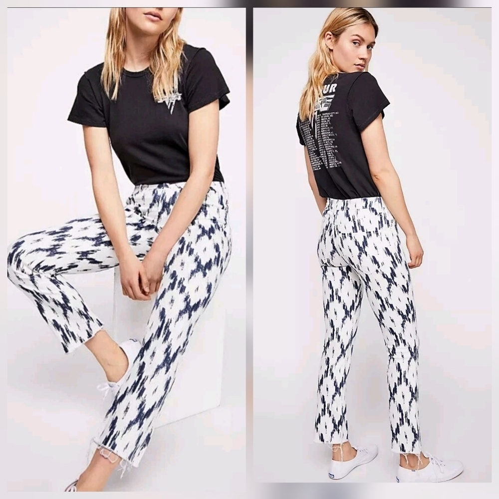 β€οΈ FREE PEOPLE HIGH RISE CROP FLARE JEANS - BLUE WHITE INDIGO SKIES IKAT PRINT 6